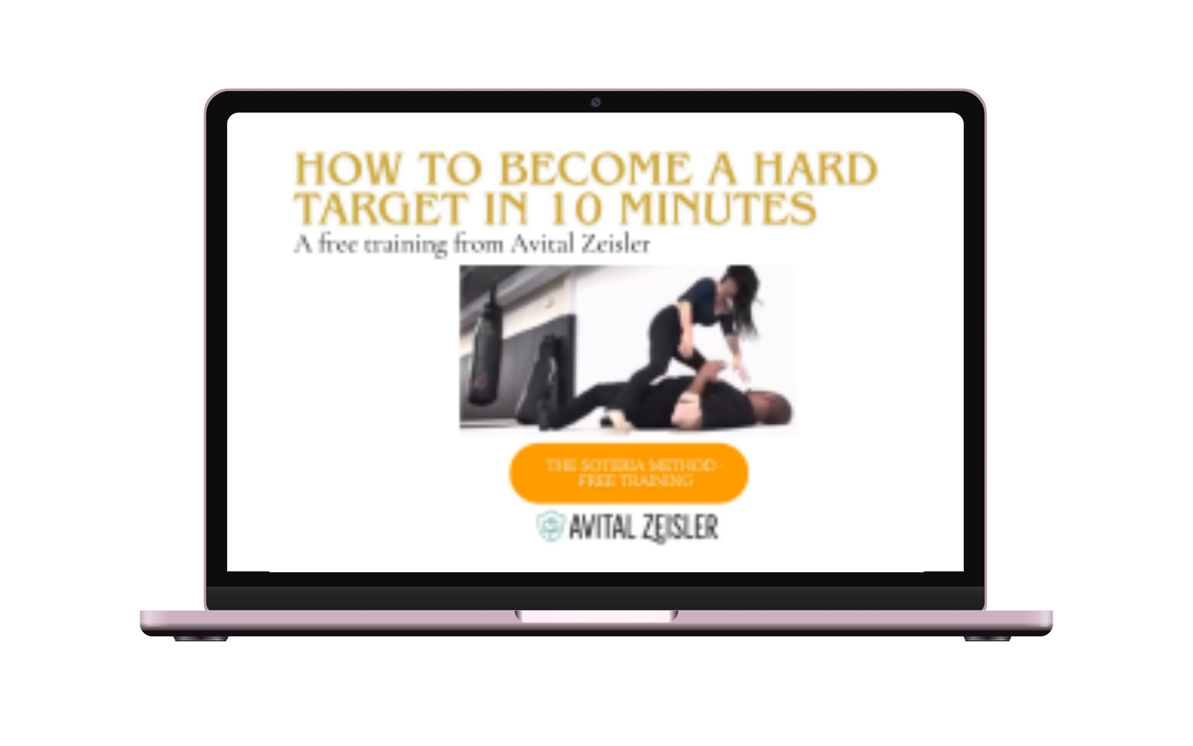 Laptop showing the Soteria Method member area where Avital’s free 10-minute hard target training streams.